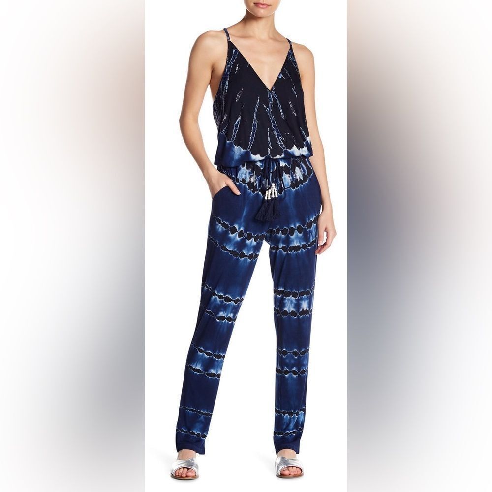 Young Fabulous & Broke Blue Tie Dye Chrissy Surplice Boho Casual Jumpsuit